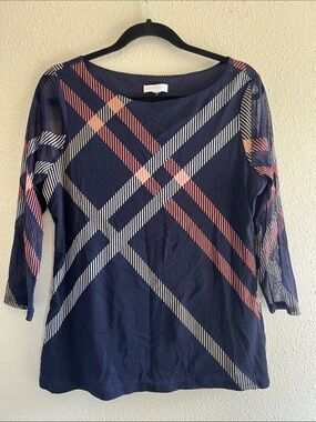 Charter Club Navy Plaid Boatneck Mesh 3/4 sleeve Top, size M